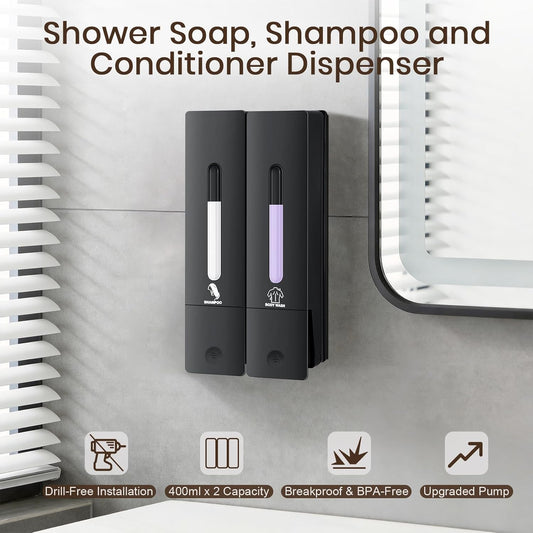3 Chamber Shampoo and Conditioner Dispenser Set, No Drill Shower Soap | Refillable wall-mounted bottles, BPA-free. 3x400ml. Bathroom, shower, hotel. Dispenses body wash, soap, lotion, gel. Black.
