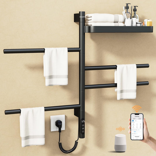 Smart Rotating Heated Towel Rack, 4-Bar, Gray | Wall-Mounted Electric Towel Warmer Rack, Swivel Shelf, Wi-Fi App Control, 24H Timer, Stainless Steel