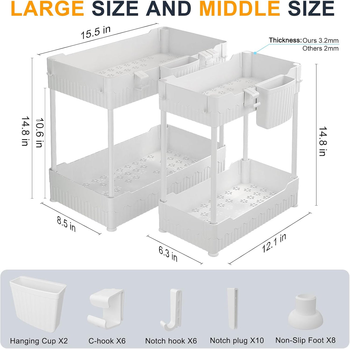 2-Pack Under Sink Organizer with Hooks & Hanging Cup for Kitchen