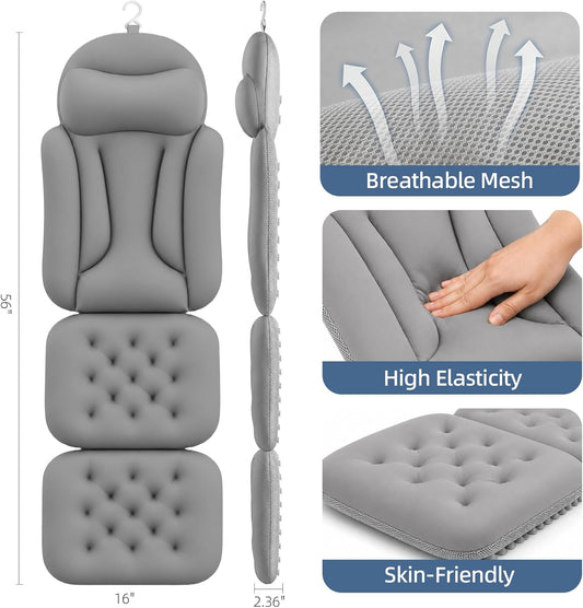 Full Body Bath Pillow for Tub, Ergonomic Head Neck Back Support | Thick Tub Pillow with 192 Non-Slip Suction Cups, luxury spa bathroom tub pillow headrest with Laundry Bag, 56"x16" Grey
