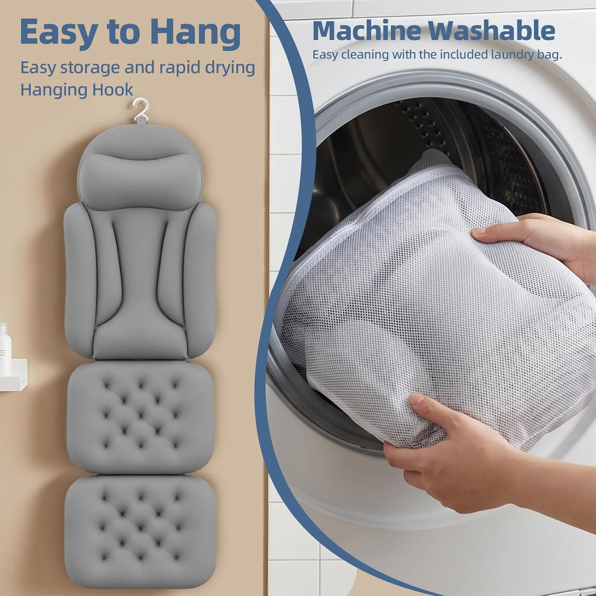 Full Body Bath Pillow for Tub, Ergonomic Head Neck Back Support | Thick Tub Pillow with 192 Non-Slip Suction Cups, luxury spa bathroom tub pillow headrest with Laundry Bag, 56"x16" Grey