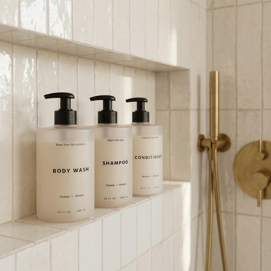 Stylish Shampoo and Conditioner Dispenser Set of 3 - Modern 20oz Shower Soap Bottles with Pump and Labels - Easy to Refill Body Wash Dispensers for an Instant Bathroom Decor Upgrade