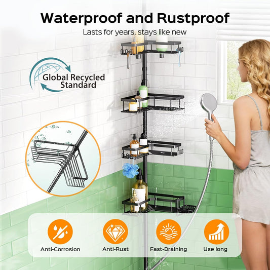 Shower Caddy Tension Pole: Corner Bathroom Organizer for Renters