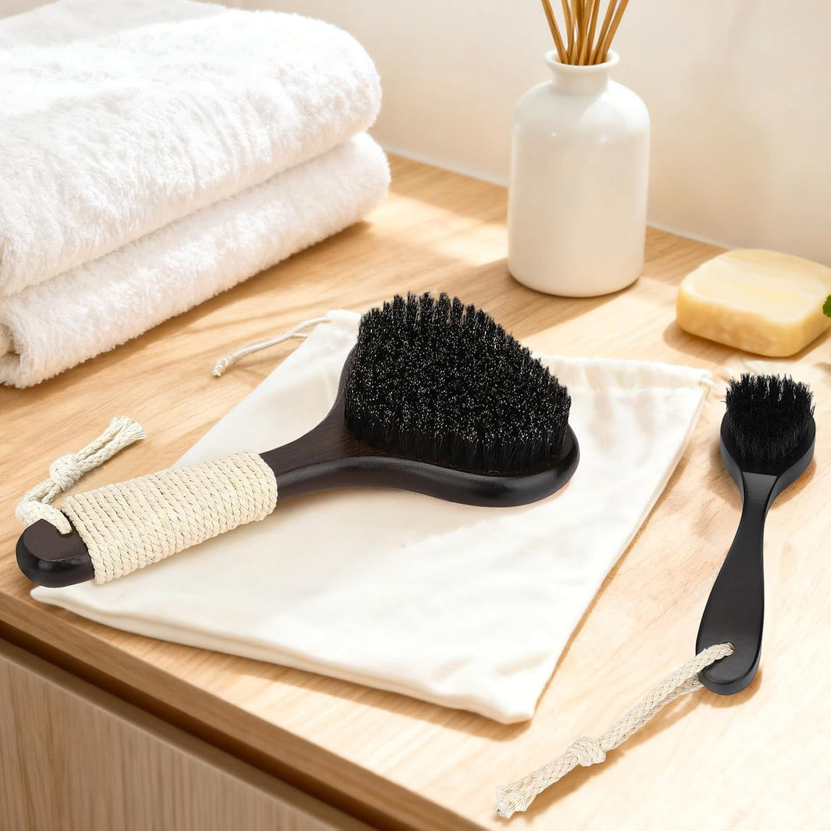 Bamboo Dry Brushing Body Brush Set, Firm Natural Boar Bristle, 2 Pack
