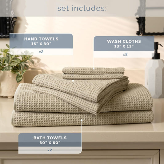 . Aura Waffle Bath Towel Set, 6 Pieces, Beige | 2 Bath Towels, 2 Hand Towels, 2 Wash Cloths, Absorbent Microfiber, Quick-Dry and Lightweight, 420GSM