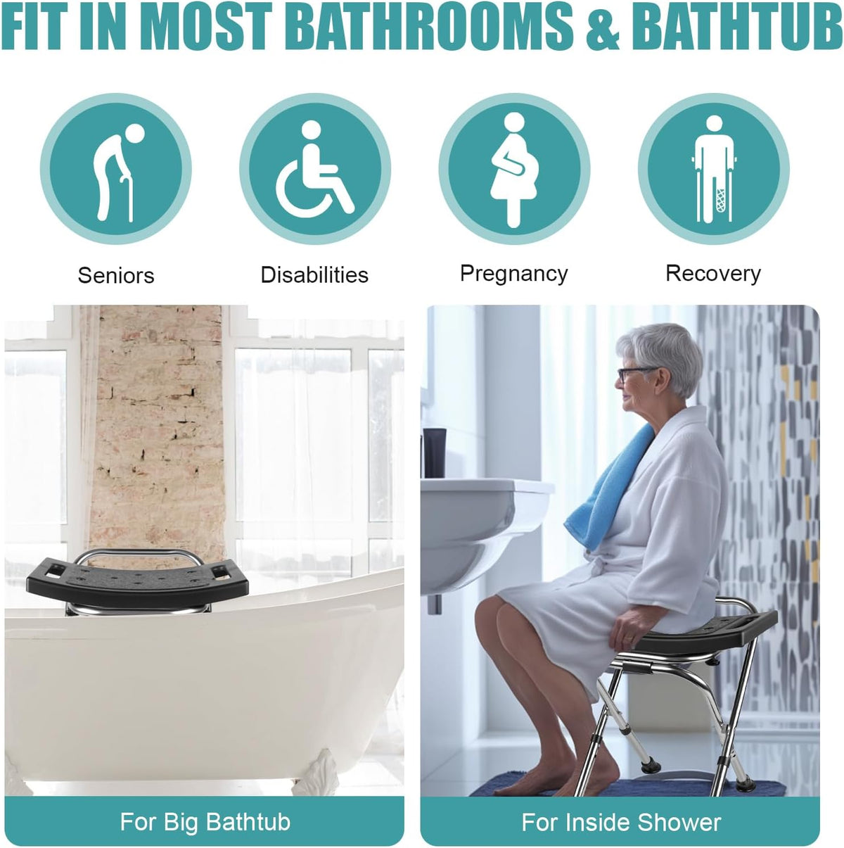 Folding Shower Chair Seat,Height Adjustable Shower Chair Seat,Stainless Eligible Shower Chair for Inside Shower,400lbs Portable Travel Shower Stool,Safety Anti-Slip Bath Chair for Seniors(Black)