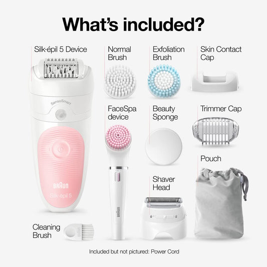 SE5-895 Epilator, Hair Removal Device, Epilator for Women, Includes Shaver and Facial Cleansing Exfoliator Brush Attachments, Waterproof, Cordless and Rechargeable