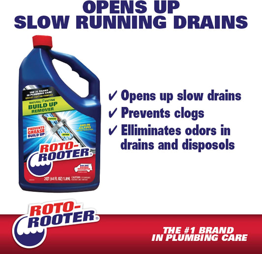 Roto-Rooter Build-Up Remover Drain Cleaner, Enzyme-Based Formula Helps Prevent Clogs and Grease Buildup, Removes Odor, Safe for Septic Systems, Pipes, Toilets, Drains and Sinks, 64 oz