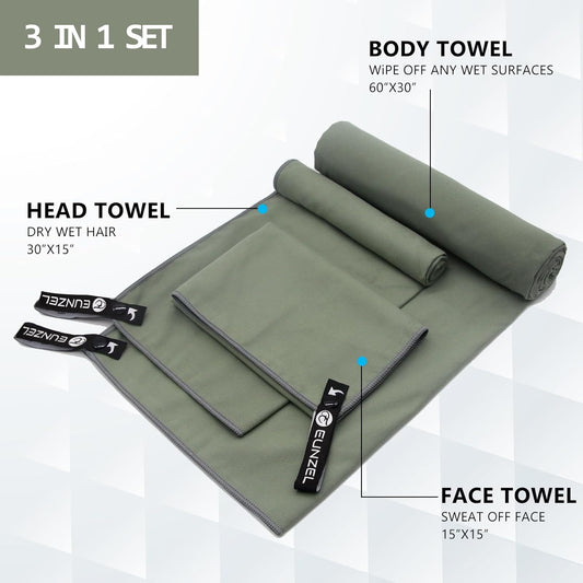 Quick Dry Camping Towel, Microfiber Travel Towel 3 Size at 1 Pack,Fast Drying Towel Set for Camping, Beach, Gym, Sports, Yoga & Swimming Pool, Army Green