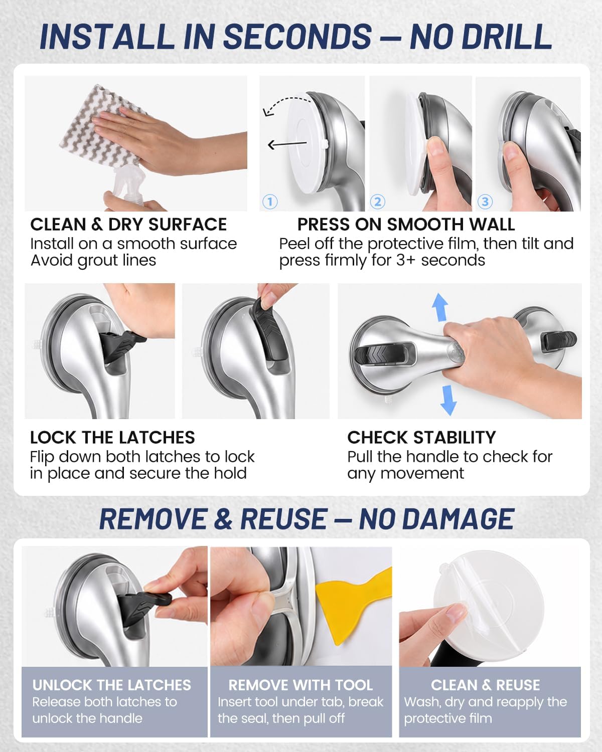 Grab Bars for Shower, Suction Shower Handles for Seniors, 2-Pack, Silver