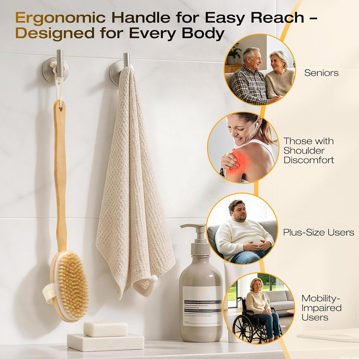 Dry Brushing Body Brush with Long Handle, Natural Bristle Back Brush