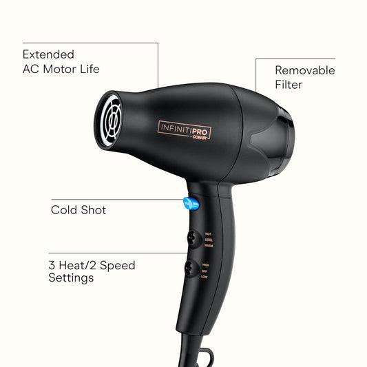 INFINITI PRO Travel Hair Dryer, 1600W Mighty Mini Compact Blow Dryer with Concentrator Attachment, Lightweight Professional AC Motor for Fast Drying, 3 Heat & 2 Speed Settings, Black