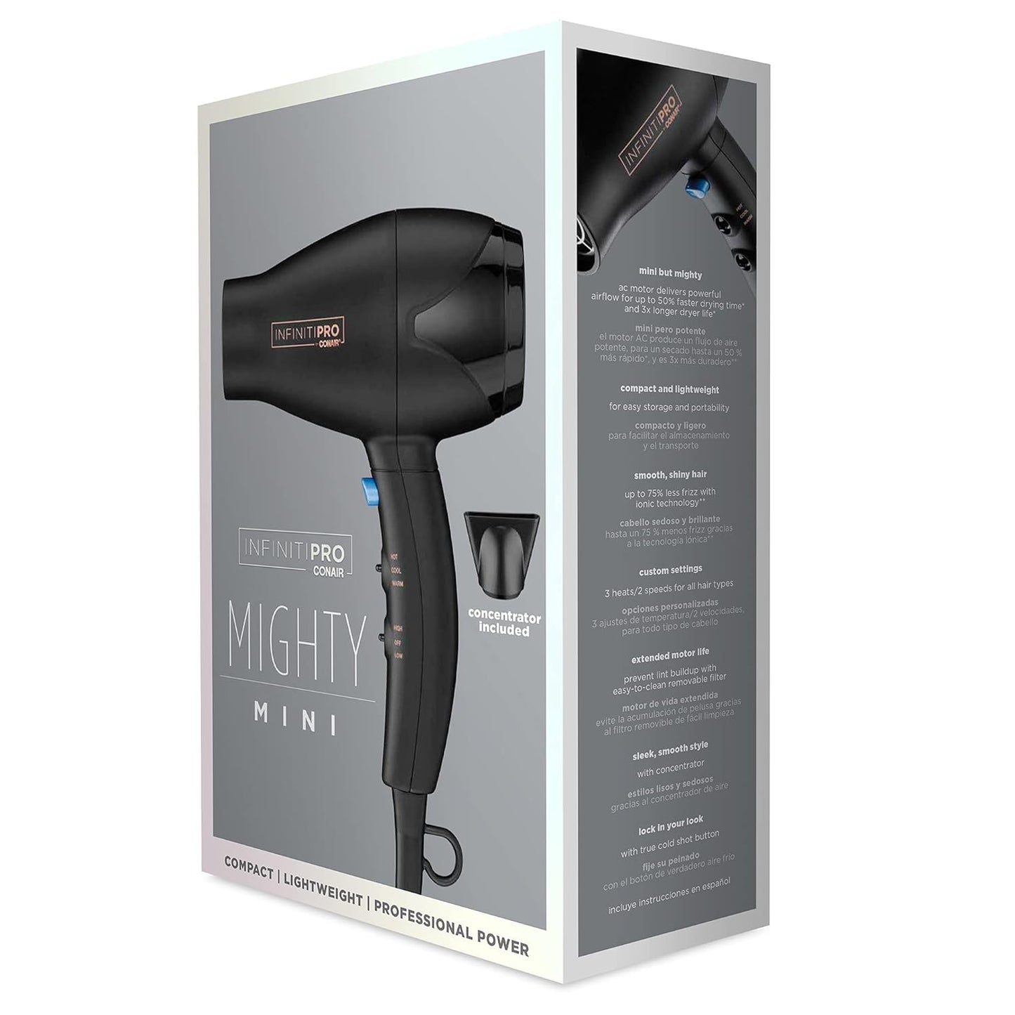 INFINITI PRO Travel Hair Dryer, 1600W Mighty Mini Compact Blow Dryer with Concentrator Attachment, Lightweight Professional AC Motor for Fast Drying, 3 Heat & 2 Speed Settings, Black
