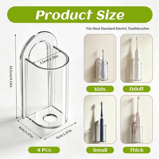 2 Pcs Electric Toothbrush Holders, Wall Mounted Self Adhesive Electric Toothbrush Holder for Bathroom, Clear Detachable Storage Organizer with Charging Slot, Space Saving & Keep Drying