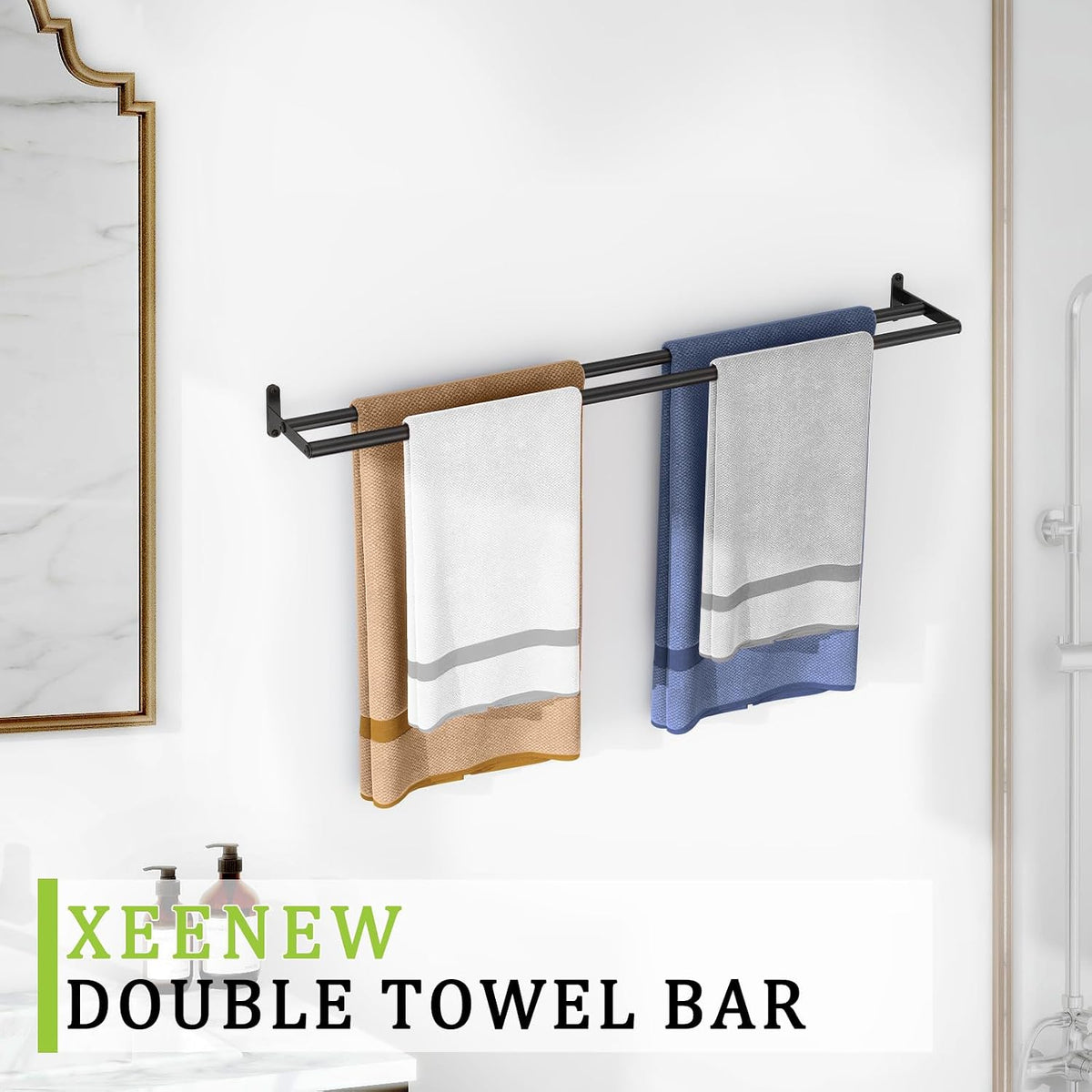 Double Towel Bar, 24 Inch Towel Racks for Bathroom, Stainless Steel Bathroom Towel Holder, Towel Rack Wall Mounted Towel Hanger Towel Rod, Matte Black