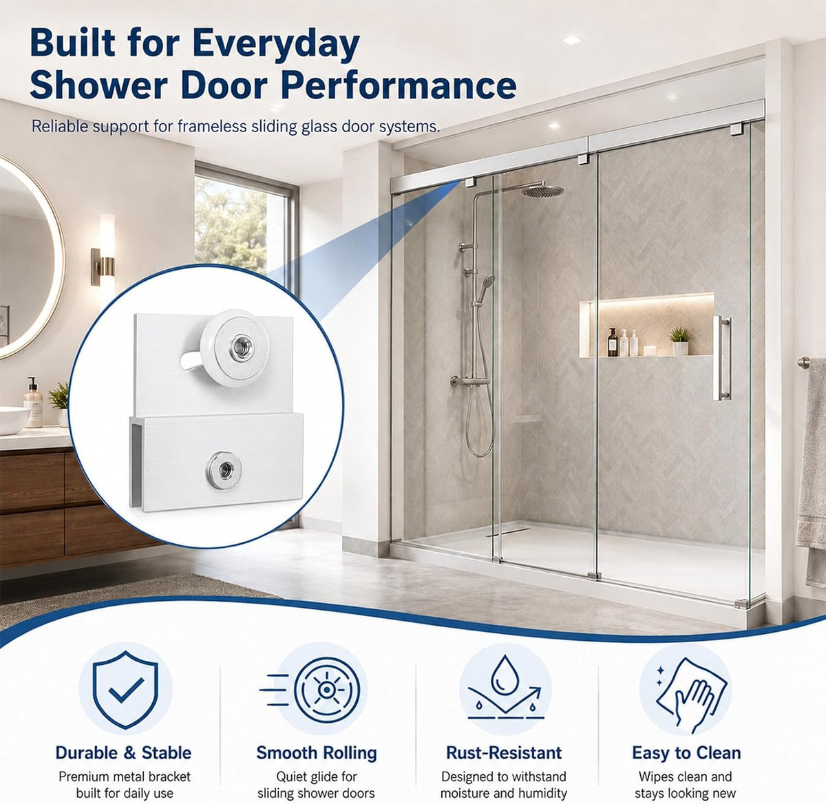 4 Pack M 6145 Frameless Shower Door Roller Assemblies – 3/4" Plastic Wheels with Ball Bearings,Chrome Aluminum Bracket,Replacement Kit for Glass Sliding Doors Parts