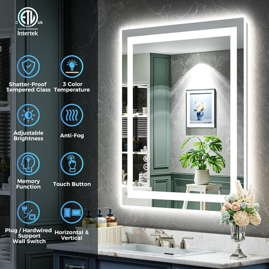 40x32 LED Bathroom Mirror with Lights, Lighted Vanity Mirror | Backlit and Front Light, Anti-Fog, 3 Color Dimmable, Memory, Tempered Glass, IP54 Waterproof, UL Listed - Colors A