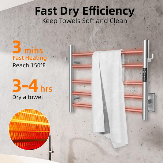 EL13 Heated Towel Rack, Brushed, 5 Bar | Fast Heat in 2 Min, Smart Timer, Thermo Control, Memory Functoion, Stainless Steel, Hard-Wired/Plug-in