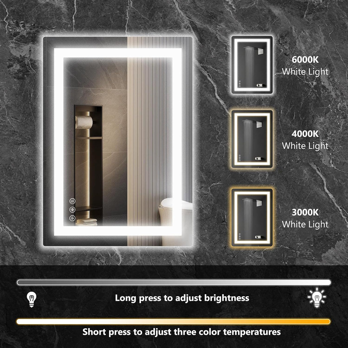 24"x 32" Smart Anti-Fog LED Bathroom Mirror with Lights and Front Light & Backlit, 3 Color Temperatures, Dimmable, Memory Function, Rectangle Modern Vanity Mirror
