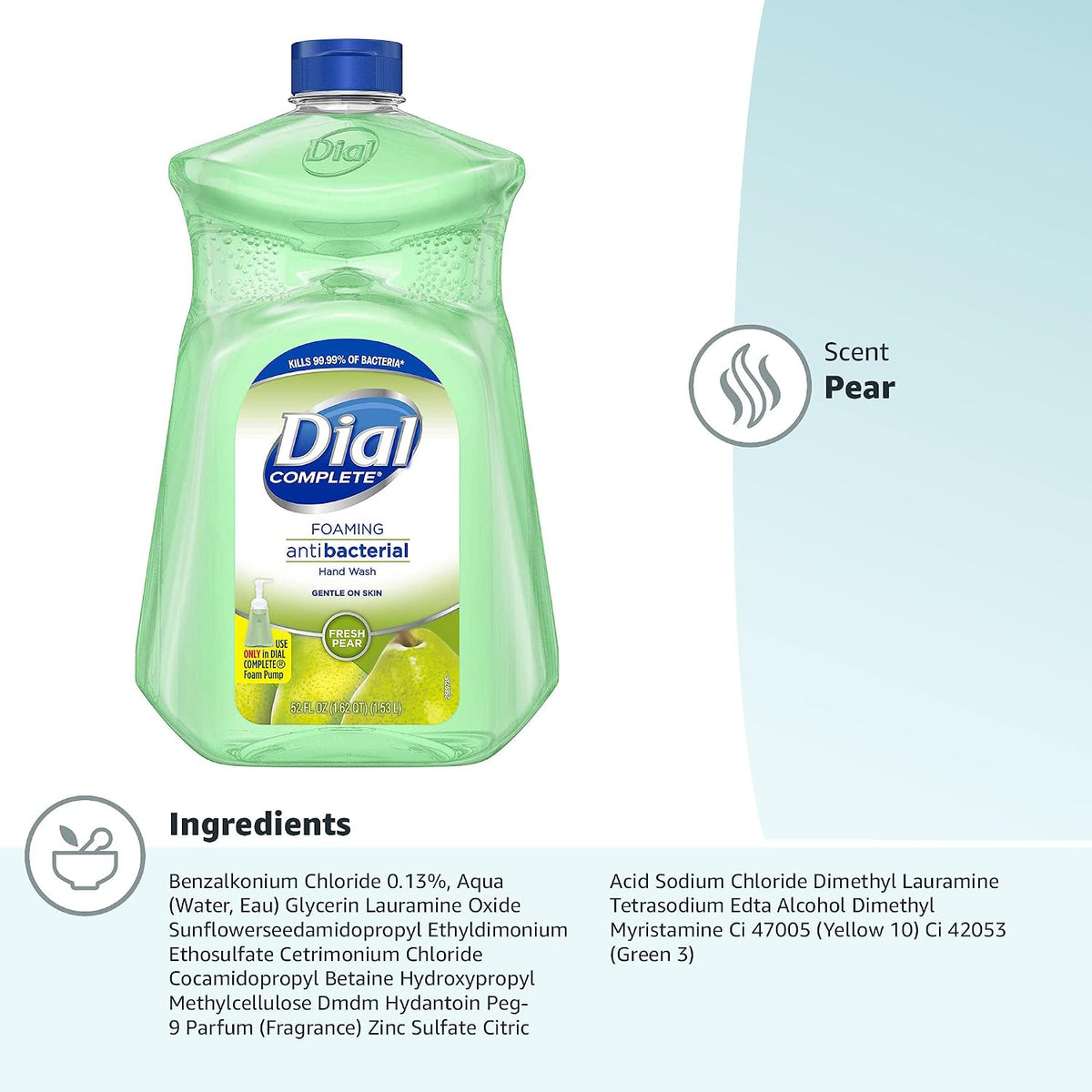 Dial Antibacterial Defense Foaming Hand Soap + Aloe, Fresh Pear Scent, 52 Fl Oz Hand Soap Refill, Dermatologist-Tested, Gentle on Skin