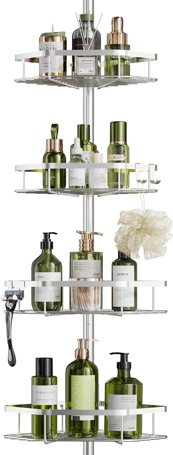 LAMU Corner Shower Caddy Tension Pole, 4-Tier Stainless Steel Organizer