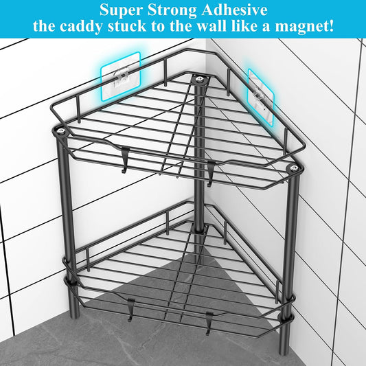 4 Tier Floor Standing Corner Shower Caddy Organizer Shelf with Hooks, Bathroom Shelves Stand Rack, Black