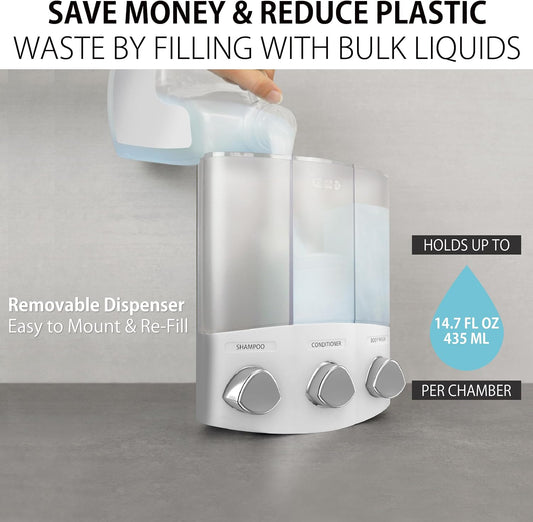 Products, White 76354 Euro Series TRIO 3-Chamber Soap and Shower Dispenser