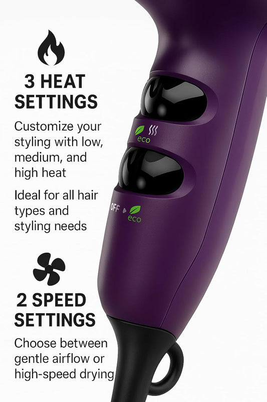 Ionic Compact Hair Dryer, 1875W, Portable Anti-Frizz Dryer | Lightweight Design, Removable Filter for Easy Cleaning, 3 Heat and 2 Speed Settings, Ideal for Travel, Gym, and Blow Use