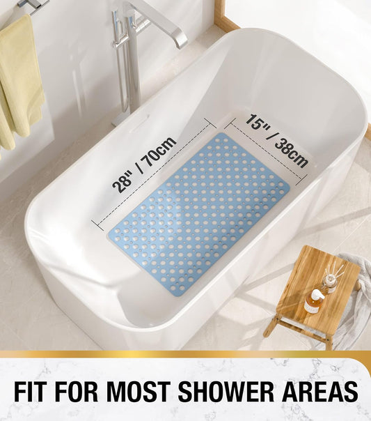 Bathtub Mat Non Slip, Soft TPE Bath Mat for Tub, Efficient Drainage Bathroom Shower Mat with Suction Cups, Bath Tub Mat, Easy to Clean, 28 x 15 Inch, Blue