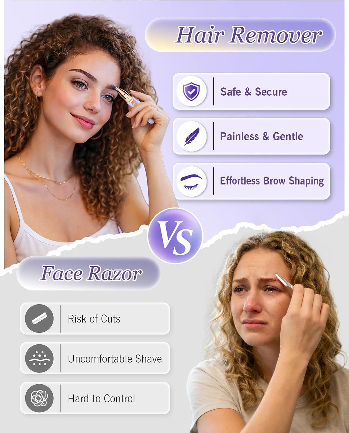Eyebrow Trimmer Facial Hair Removal for Women: 2 in 1 Rechargeable Face Shaver and Eyebrow Razor - Painless Electric Hair Remover Device for Peach Fuzz Fine Hairs Upper Lip Chin