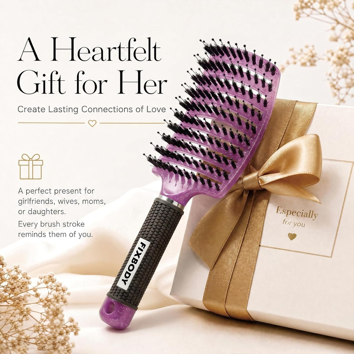 Boar Bristle Hair Brush, Curved Vent Detangling Brush for Wet & Dry Hair