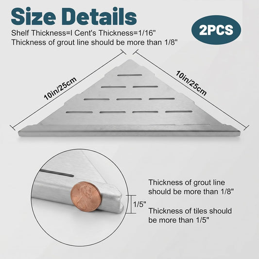 2 Pack Corner Shower Shelf 10 Inch 304 Stainless Steel Shower Corner Shelf for Inside Showers Slot Design Recessed Shelves Bathroom No Drill Tiled Wall Silver