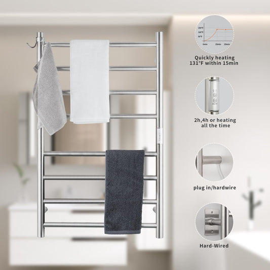 8-Bar Wall-Mounted Towel Warmer, Plug/Hardwired, 3 Timers | can be surface-mounted or flush-mounted, with wiring/cable exit available on either the right or left side,Brushed