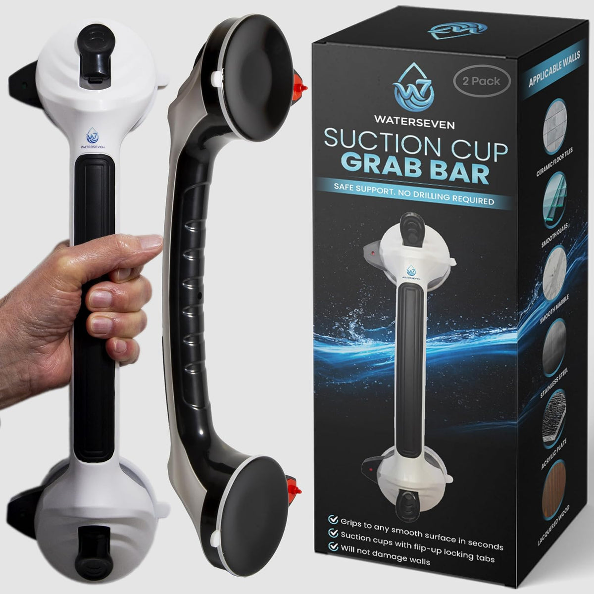 Grab Bars for Shower, 16.85 Inch Shower Handle for Seniors & Elderly, 2 Pack | Safety Indicator, Strong Suction Cup, No Drill, Anti-Slip, Removable, for Bathroom Wall, Bathtub, Handicap