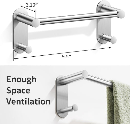 24 Inch Adhesive Towel Bar with 2 Hooks, No Drill, Brushed Nickel | Stainless Steel No-Drill Adhesive Towel Rack, 2 Hooks for Towels & Bath Accessories, Works on Smooth Tile