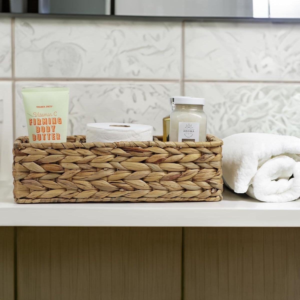 Waterproof Wicker Bathroom Basket with 3 Compartments, Light Brown | Toilet Tank Basket, Vanity Counter Organizer, Toilet Paper Storage, Built-In Dividers, Handwoven Look