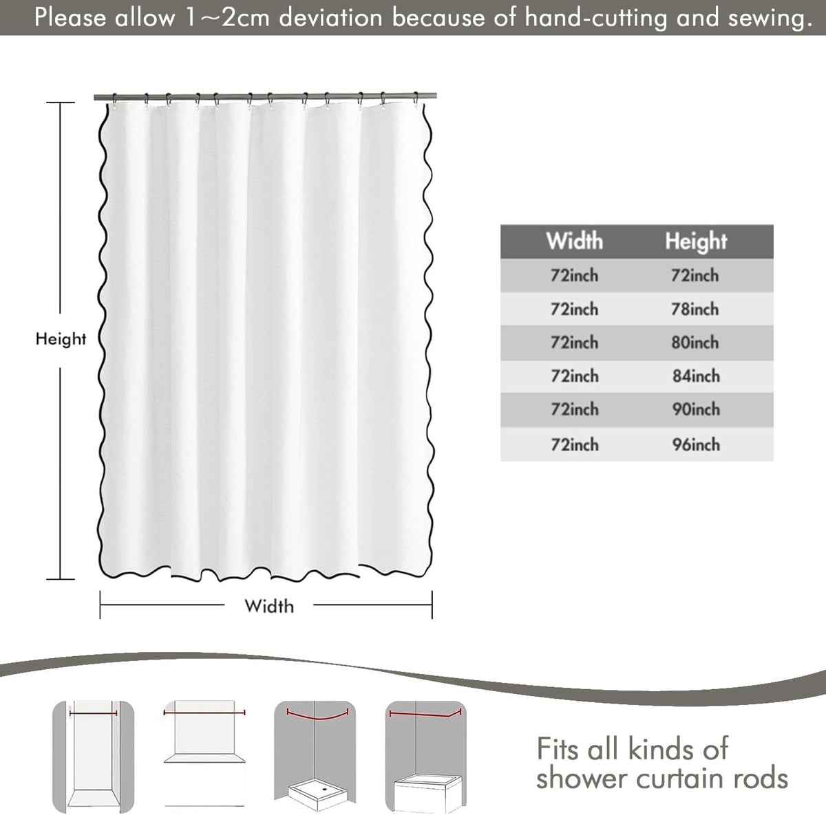 Beige Scalloped Shower Curtain Linen Textured with 12 Metal Hooks Cute Heavy Duty Washable Waterproof Neutral Thick Cloth Shower Curtains with Black Border for Bathroom Bathtub,W72*L72 Cream