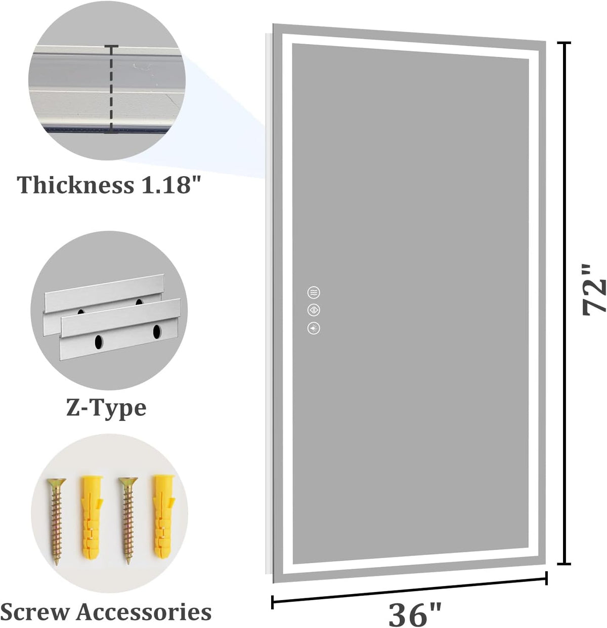 48x36 LED Bathroom Mirror with Light, Anti-Fog, 3 Colors - Colors A
