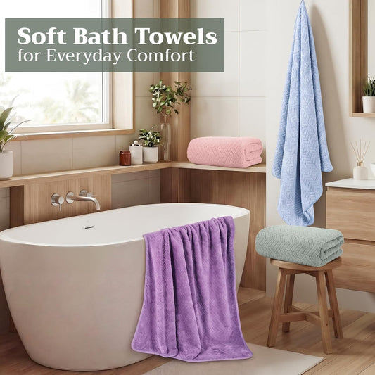 4 Pcs Microfiber Bath Towel Set 35" x 70" Oversized Turkish Luxury Plush Bath Sheet Extra Large Jacquard Chevron Sheet Soft Coral Velvet Absorbent Blanket for Pool Shower Spa
