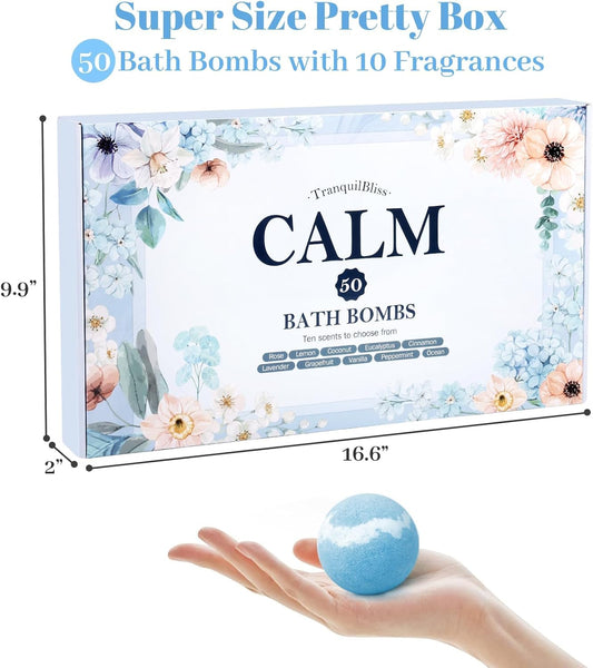 Bath Bombs Set 50 PCS with 10 Scents, Natural Bathbombs, Blue | With Shea Butter & Safe Oil, Bubble Bombs for Women, Ideal for Mother's Day, Valentine's Day, Christmas, Birthday Present