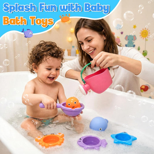 9 PCS Baby Bath Toys for Toddlers Ages 1-3, Mold-Free Bath Toys | Bathtub Toys for 2-4 with 3 No Hole Squeezing Marine Animals Toys, Beach Sand Water Table Toys for 1 2 3 Years Old