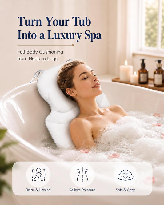Full Body Bath Pillow for Bathtub, White 52" x 17" | Extra Thick, Adjustable Lumbar Support, 240 Suction Cups, Quick Dry, for Home Spa Relaxation