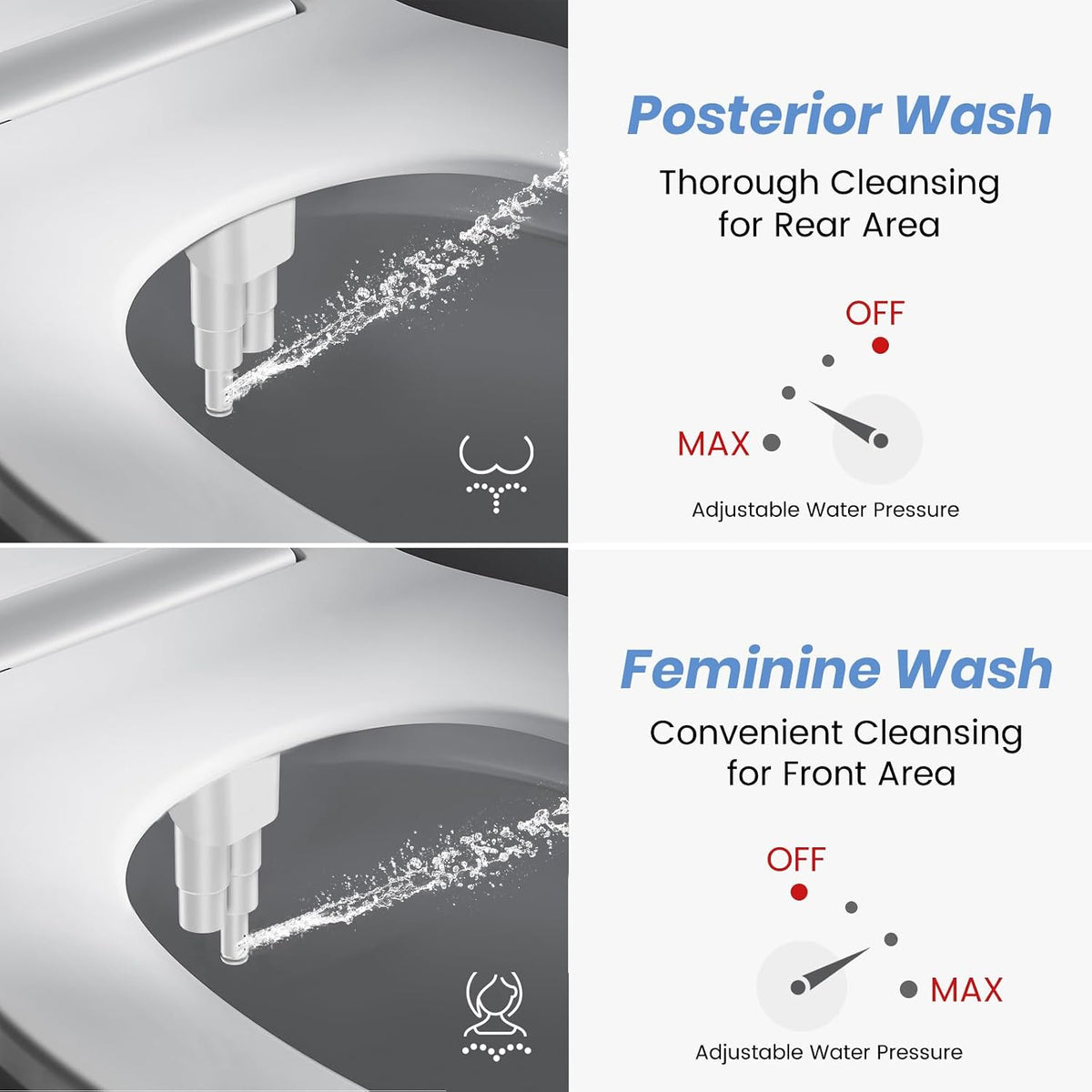 Bidet Attachment for Existing Toilet Seats, Ultra-Slim, Non Electric, Dual Nozzle, Rear & Feminine Wash, Fresh Cold Water Sprayer, Badays Bedets Bedits Badette Bidgets, Silver