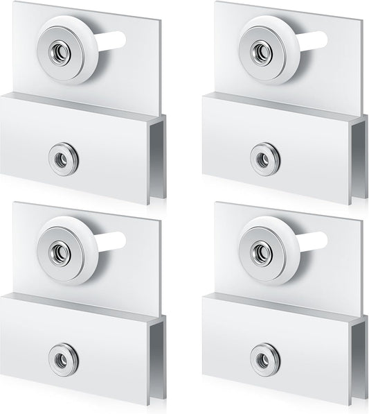 (4-Pack) M 6054 Frameless Shower Door Rollers Top Bracket Assembly - 3/4" Round Plastic Wheel with Ball Bearings, Extruded Aluminum Chrome Finish - Replacement Hardware Kits for Glass Sliding Doors