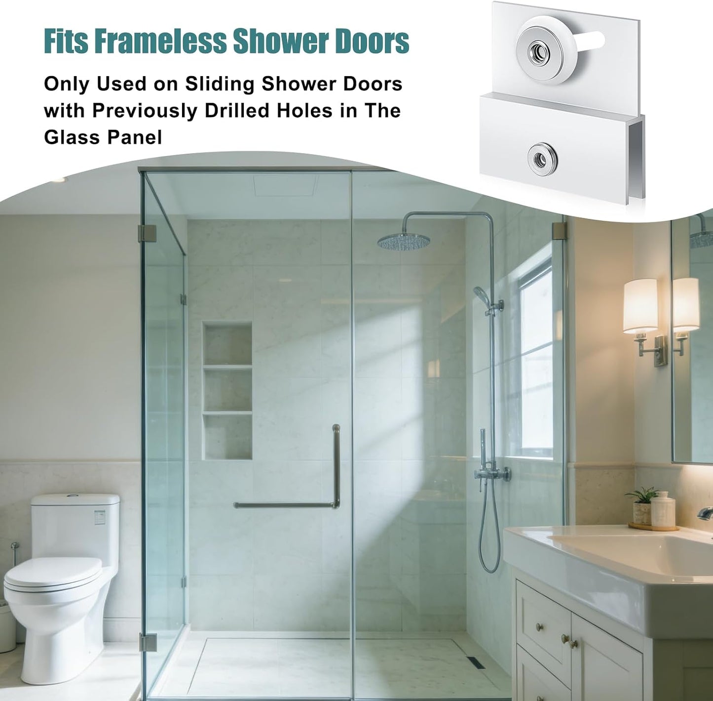 (4-Pack) M 6054 Frameless Shower Door Rollers Top Bracket Assembly - 3/4" Round Plastic Wheel with Ball Bearings, Extruded Aluminum Chrome Finish - Replacement Hardware Kits for Glass Sliding Doors
