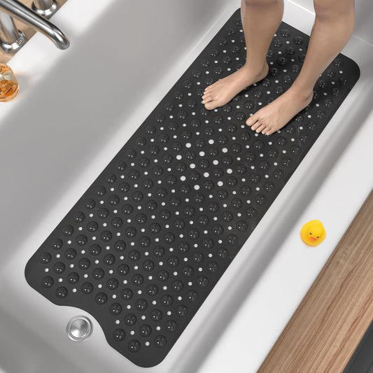 Bath Mat for Tub, Non Slip Bathtub Mat, 40 x 16 Inch Extra Long Bath Tub Mat, Machine Washable Bathroom Shower Mat with Suction Cups and Drain Holes, Soft on Feet, Clear