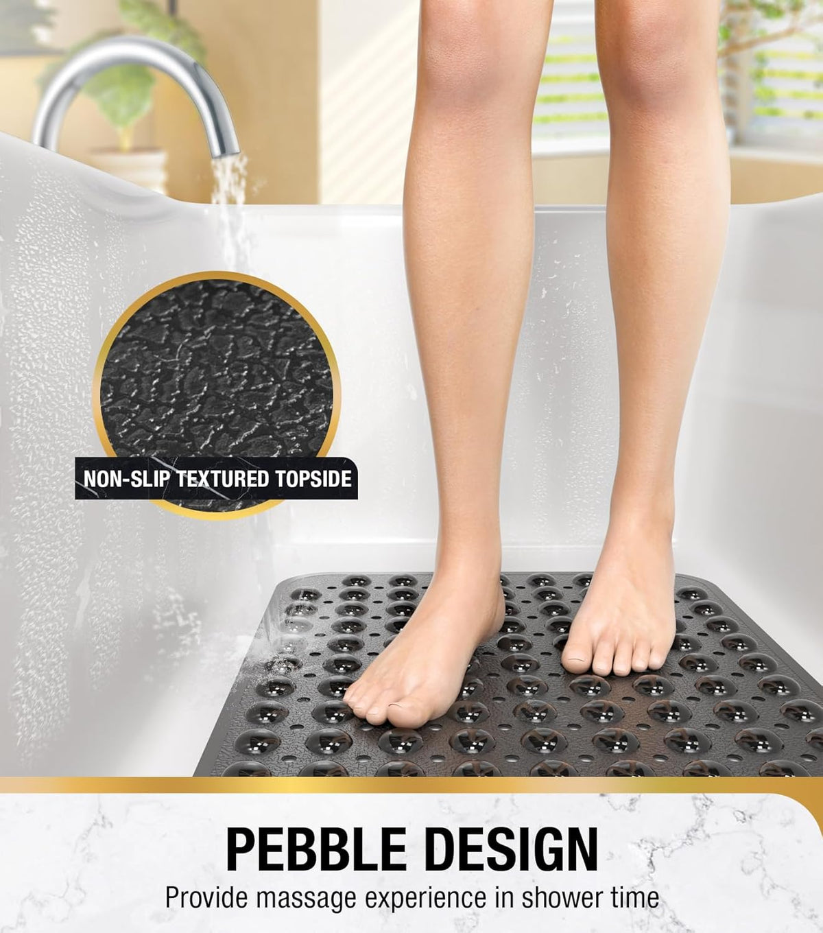 Bath Mat for Tub, Non Slip Bathtub Mat, 40 x 16 Inch Extra Long Bath Tub Mat, Machine Washable Bathroom Shower Mat with Suction Cups and Drain Holes, Soft on Feet, Clear