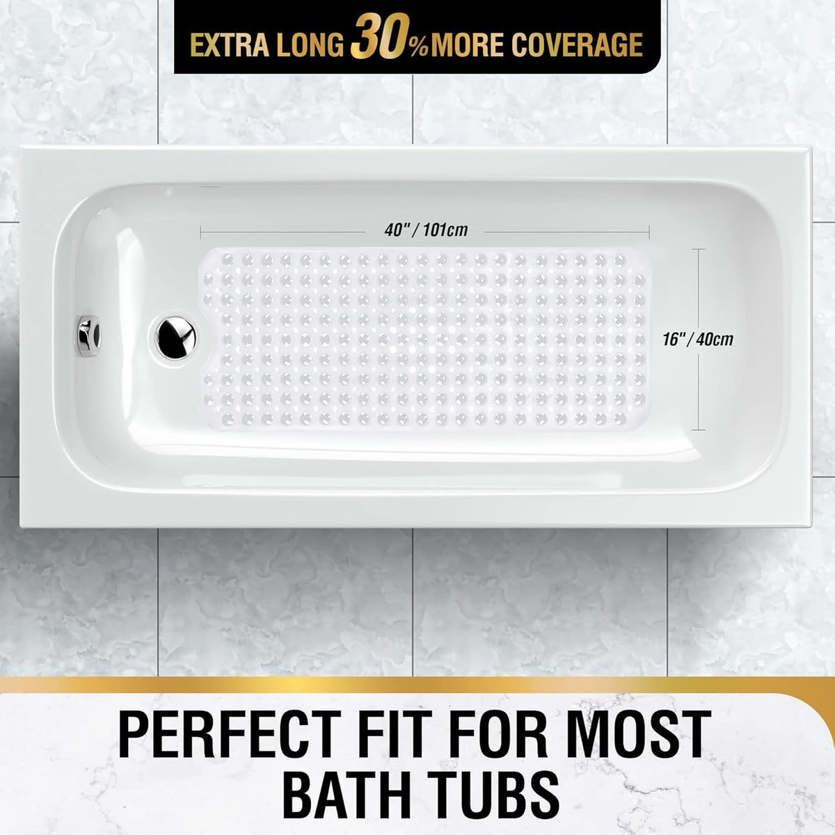Bath Mat for Tub, Non Slip Bathtub Mat, 40 x 16 Inch Extra Long Bath Tub Mat, Machine Washable Bathroom Shower Mat with Suction Cups and Drain Holes, Soft on Feet, Clear