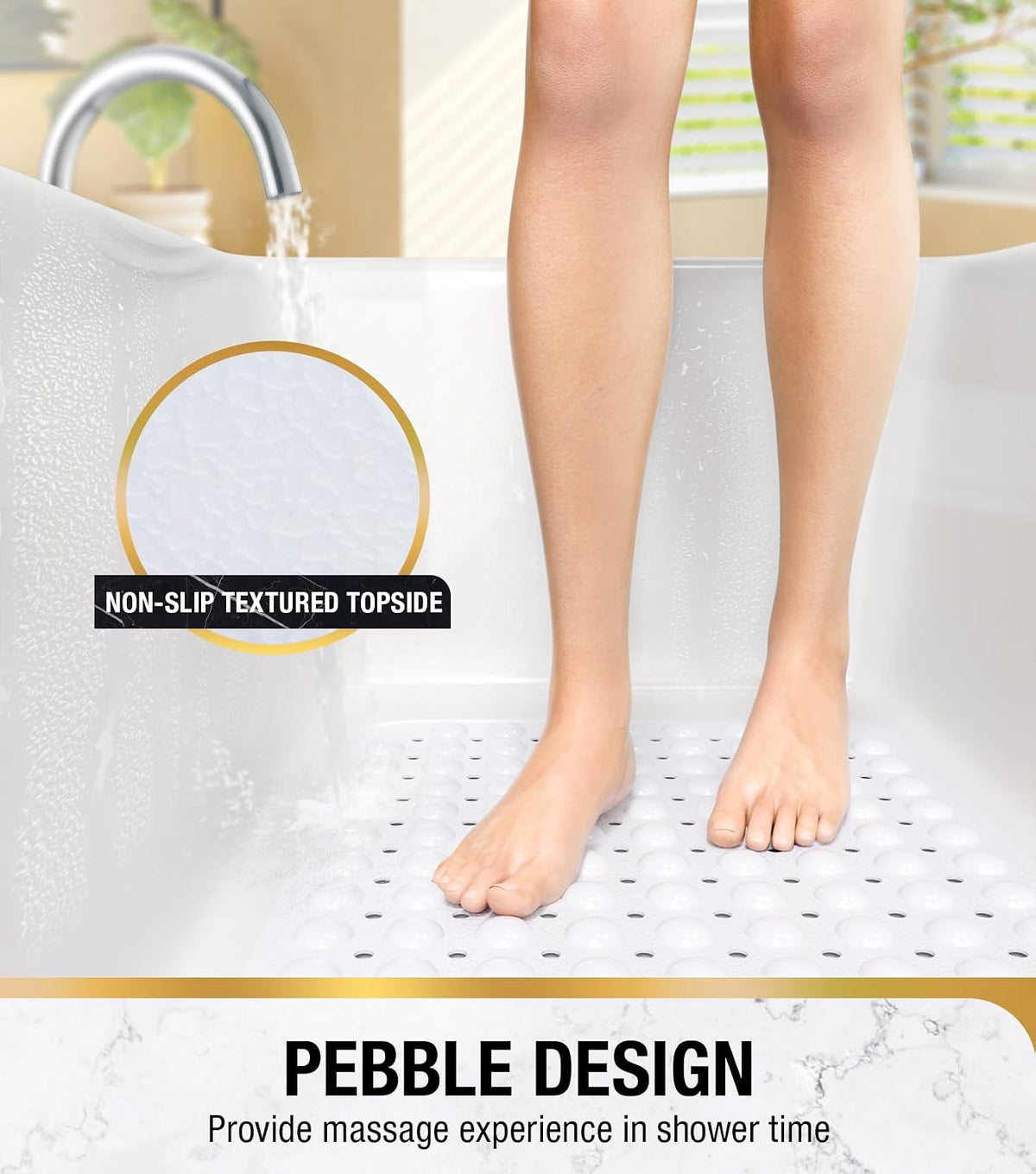 Bath Mat for Tub, Non Slip Bathtub Mat, 40 x 16 Inch Extra Long Bath Tub Mat, Machine Washable Bathroom Shower Mat with Suction Cups and Drain Holes, Soft on Feet, Clear