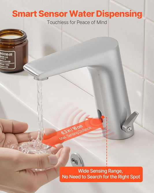 Touchless Bathroom Sink Faucet, Automatic Motion Sensor Restroom Toilet Faucet with Hole Cover Plate, Battery Operated,Hot/Cold Water for 9/16 in Pipe Commercial Lavatory,Chrome Plated Silver